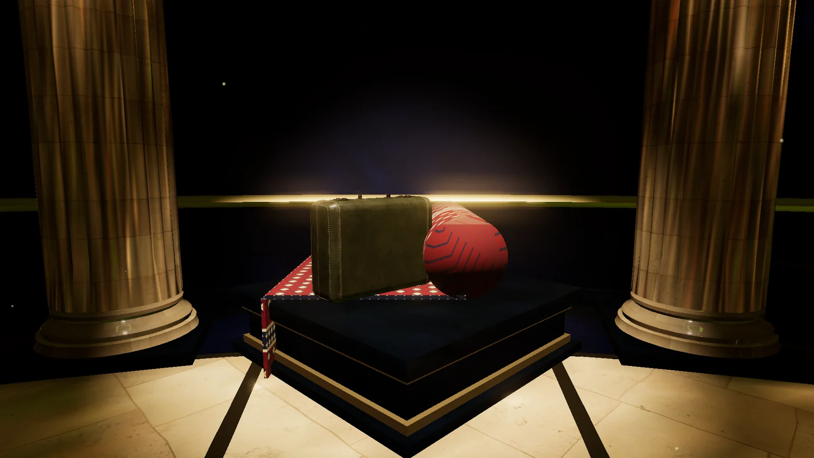The Rug Pull, 2022: a half-rolled rug and a suitcase on a plinth