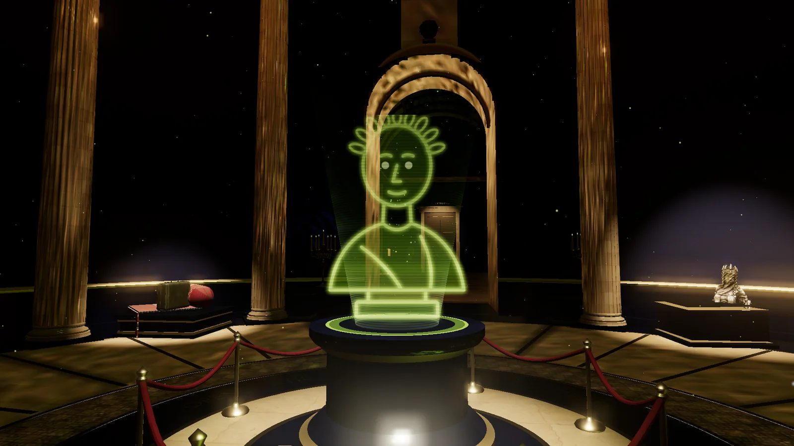 Augustus, the hologram docent, on his plinth in the rotunda