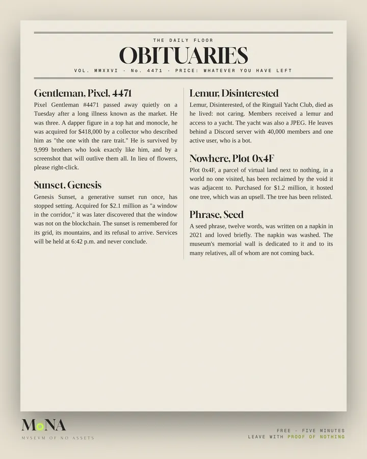 A newspaper obituaries page for NFTs